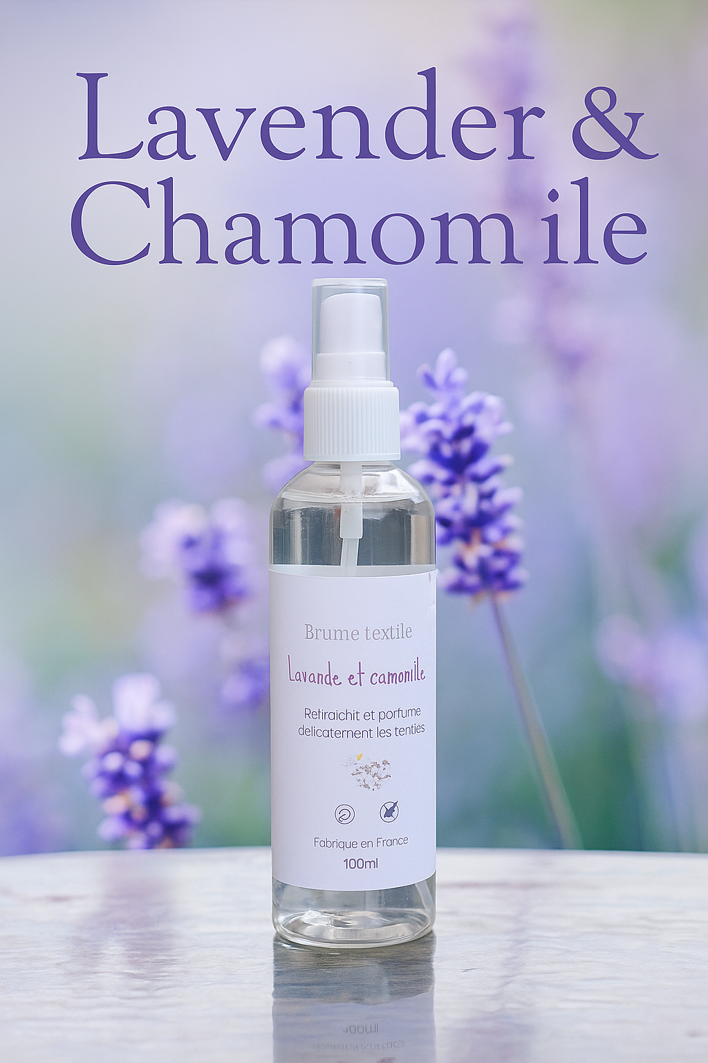 Brume textile sans alcool, lavande et camomille